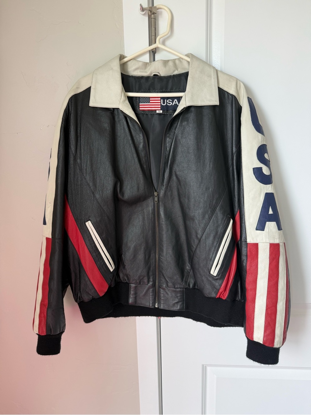 American Vintage Black Leather Bomber Jacket with Red, White, Blue Accents